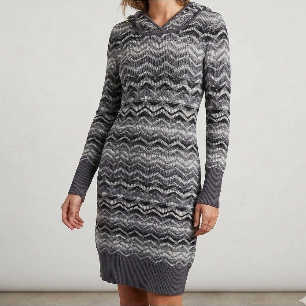 PrAna Size Small Hooded Sweater Dress Black Gray Cotton Blend Knit Athleisure